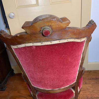 LOT 66: Pair of Antique Victoria Carved Wood Parlor Chairs with Red Velvet Upholstery