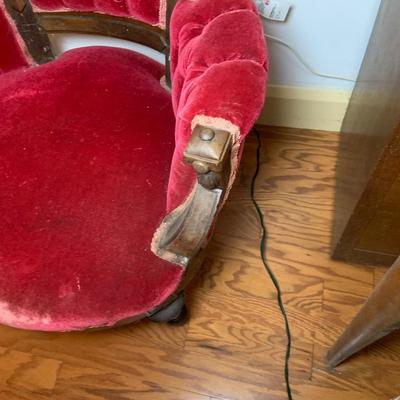 LOT 66: Pair of Antique Victoria Carved Wood Parlor Chairs with Red Velvet Upholstery