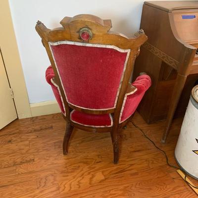 LOT 66: Pair of Antique Victoria Carved Wood Parlor Chairs with Red Velvet Upholstery