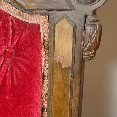 LOT 66: Pair of Antique Victoria Carved Wood Parlor Chairs with Red Velvet Upholstery