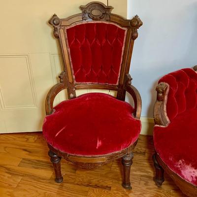 LOT 66: Pair of Antique Victoria Carved Wood Parlor Chairs with Red Velvet Upholstery