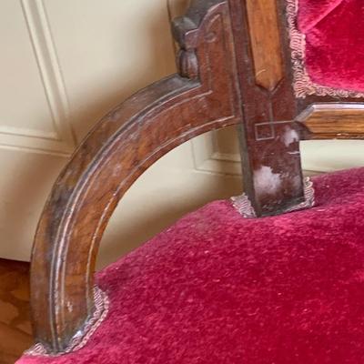 LOT 66: Pair of Antique Victoria Carved Wood Parlor Chairs with Red Velvet Upholstery