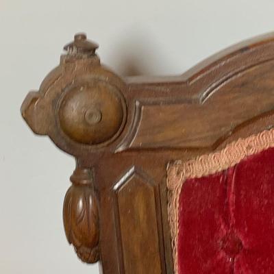 LOT 66: Pair of Antique Victoria Carved Wood Parlor Chairs with Red Velvet Upholstery