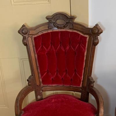 LOT 66: Pair of Antique Victoria Carved Wood Parlor Chairs with Red Velvet Upholstery