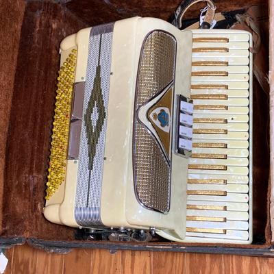 LOT 67: Italian Made Accordion with Gold-tone and Mother of Pearl Keys Come in a Case