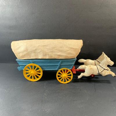LOT 72: Vintage Cast Iron Horse Drawn Covered Wagon