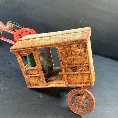 LOT 74: Vintage Cast Iron Horse Drawn Milk Carriage and US Mail Truck