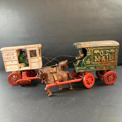 LOT 74: Vintage Cast Iron Horse Drawn Milk Carriage and US Mail Truck