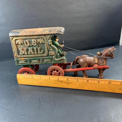 LOT 74: Vintage Cast Iron Horse Drawn Milk Carriage and US Mail Truck