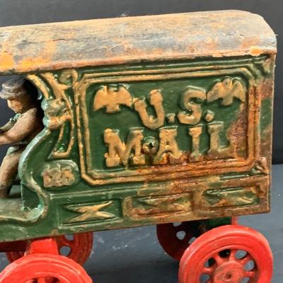 LOT 74: Vintage Cast Iron Horse Drawn Milk Carriage and US Mail Truck