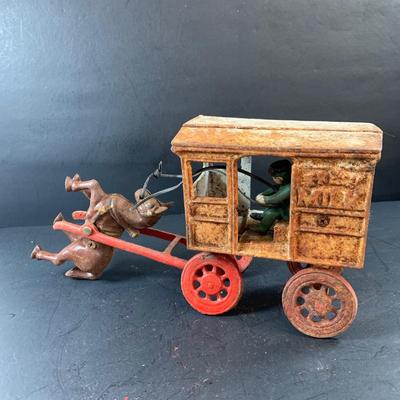 LOT 74: Vintage Cast Iron Horse Drawn Milk Carriage and US Mail Truck
