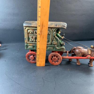 LOT 74: Vintage Cast Iron Horse Drawn Milk Carriage and US Mail Truck