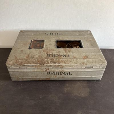 LOT 83: Vintage Metal Egg Carriers (1 w/cardboard insert) & 28 Real White Egg Shells