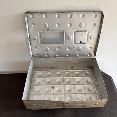 LOT 83: Vintage Metal Egg Carriers (1 w/cardboard insert) & 28 Real White Egg Shells