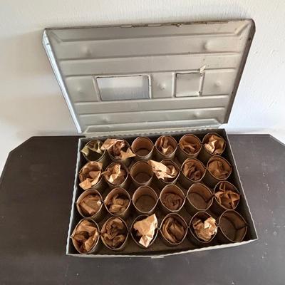 LOT 83: Vintage Metal Egg Carriers (1 w/cardboard insert) & 28 Real White Egg Shells