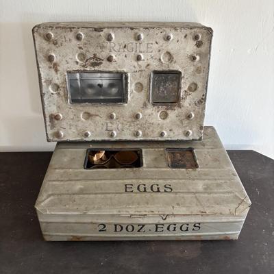 LOT 83: Vintage Metal Egg Carriers (1 w/cardboard insert) & 28 Real White Egg Shells