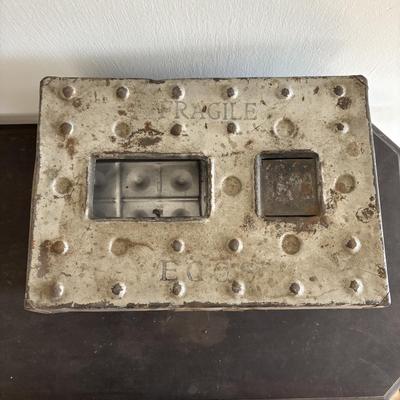 LOT 83: Vintage Metal Egg Carriers (1 w/cardboard insert) & 28 Real White Egg Shells