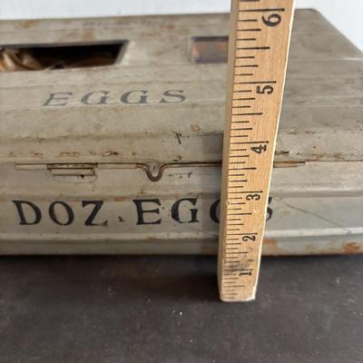 LOT 83: Vintage Metal Egg Carriers (1 w/cardboard insert) & 28 Real White Egg Shells