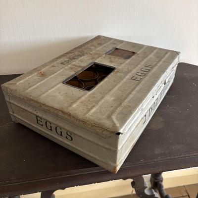LOT 83: Vintage Metal Egg Carriers (1 w/cardboard insert) & 28 Real White Egg Shells