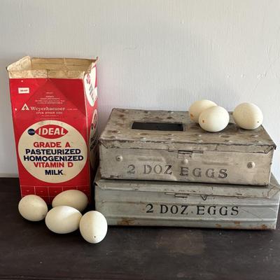 LOT 83: Vintage Metal Egg Carriers (1 w/cardboard insert) & 28 Real White Egg Shells