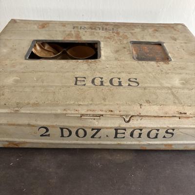 LOT 83: Vintage Metal Egg Carriers (1 w/cardboard insert) & 28 Real White Egg Shells