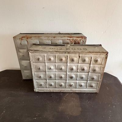 LOT 83: Vintage Metal Egg Carriers (1 w/cardboard insert) & 28 Real White Egg Shells