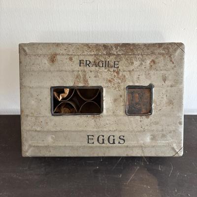 LOT 83: Vintage Metal Egg Carriers (1 w/cardboard insert) & 28 Real White Egg Shells