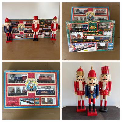 LOT 85: North Pole Toy Shop Animated Christmas Train, Holiday Nutcracker Train Set (unopened) & 3-Wooden Nutcrackers