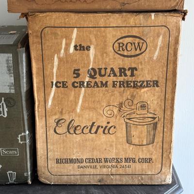LOT 87: Vintage Appliances w/Original Boxes: Richmond Cedar Works Ice Cream Freezer, Nescafe Coffee Maker & Sears Kenmore Bleander