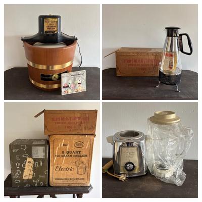 LOT 87: Vintage Appliances w/Original Boxes: Richmond Cedar Works Ice Cream Freezer, Nescafe Coffee Maker & Sears Kenmore Bleander