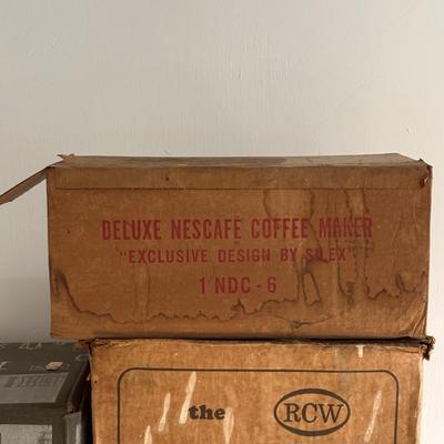 LOT 87: Vintage Appliances w/Original Boxes: Richmond Cedar Works Ice Cream Freezer, Nescafe Coffee Maker & Sears Kenmore Bleander