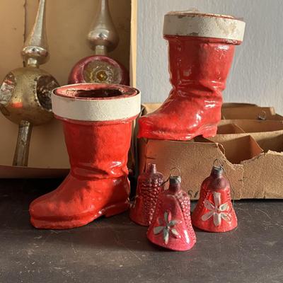 LOT 90: Vintage Christmas Ornaments, Finial Tree Toppers & Paper Mache Santa Boots