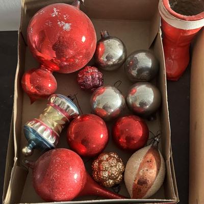 LOT 90: Vintage Christmas Ornaments, Finial Tree Toppers & Paper Mache Santa Boots