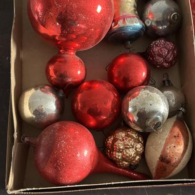 LOT 90: Vintage Christmas Ornaments, Finial Tree Toppers & Paper Mache Santa Boots