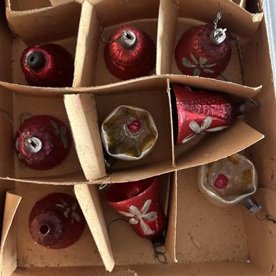 LOT 90: Vintage Christmas Ornaments, Finial Tree Toppers & Paper Mache Santa Boots