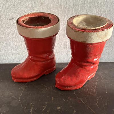 LOT 90: Vintage Christmas Ornaments, Finial Tree Toppers & Paper Mache Santa Boots