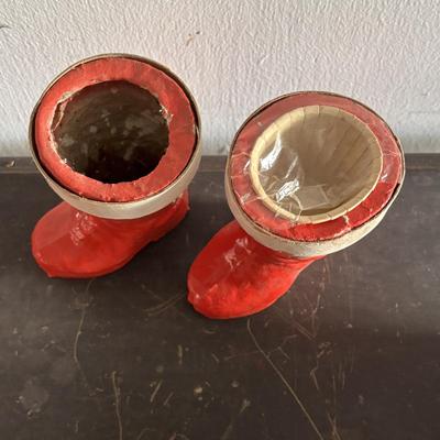 LOT 90: Vintage Christmas Ornaments, Finial Tree Toppers & Paper Mache Santa Boots