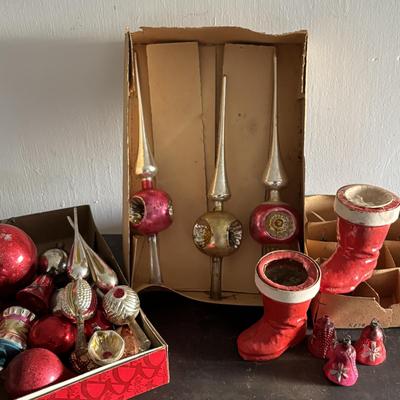 LOT 90: Vintage Christmas Ornaments, Finial Tree Toppers & Paper Mache Santa Boots