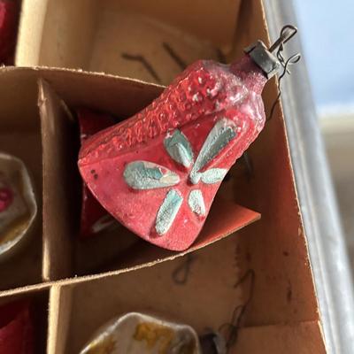 LOT 90: Vintage Christmas Ornaments, Finial Tree Toppers & Paper Mache Santa Boots