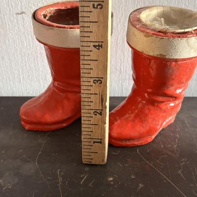 LOT 90: Vintage Christmas Ornaments, Finial Tree Toppers & Paper Mache Santa Boots