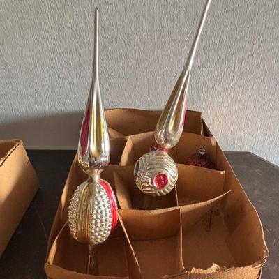 LOT 90: Vintage Christmas Ornaments, Finial Tree Toppers & Paper Mache Santa Boots