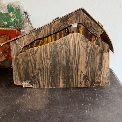 LOT 92: Vintage Christmas Collection: Fold-up Nativity Scene w/Chalkware Figures, Noma Bubble-Lites (5), Pixie Elf Ornament, Assorted...