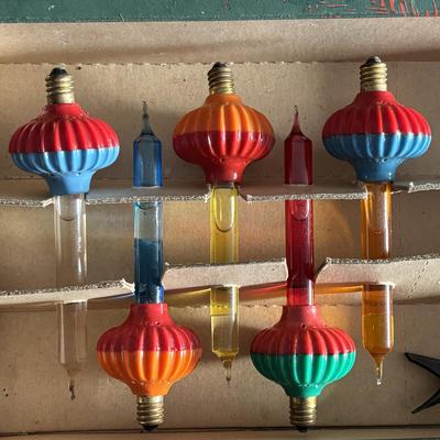 LOT 92: Vintage Christmas Collection: Fold-up Nativity Scene w/Chalkware Figures, Noma Bubble-Lites (5), Pixie Elf Ornament, Assorted...