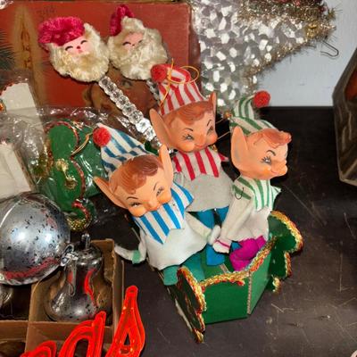LOT 92: Vintage Christmas Collection: Fold-up Nativity Scene w/Chalkware Figures, Noma Bubble-Lites (5), Pixie Elf Ornament, Assorted...