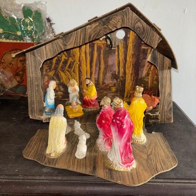 LOT 92: Vintage Christmas Collection: Fold-up Nativity Scene w/Chalkware Figures, Noma Bubble-Lites (5), Pixie Elf Ornament, Assorted...