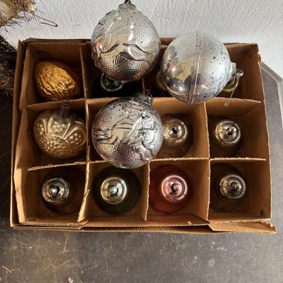 LOT 92: Vintage Christmas Collection: Fold-up Nativity Scene w/Chalkware Figures, Noma Bubble-Lites (5), Pixie Elf Ornament, Assorted...