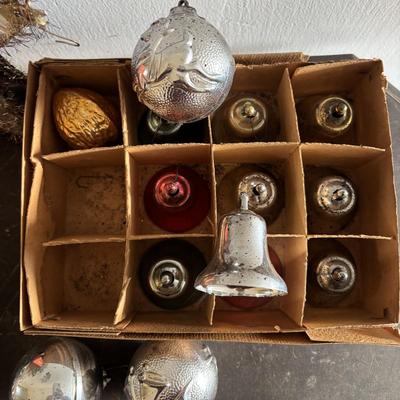 LOT 92: Vintage Christmas Collection: Fold-up Nativity Scene w/Chalkware Figures, Noma Bubble-Lites (5), Pixie Elf Ornament, Assorted...