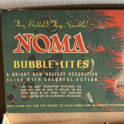 LOT 92: Vintage Christmas Collection: Fold-up Nativity Scene w/Chalkware Figures, Noma Bubble-Lites (5), Pixie Elf Ornament, Assorted...