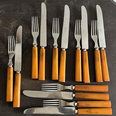 LOT 94: Vintage Butterscotch Bake-lite Flatware Sets