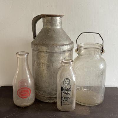 LOT 96: Vintage Milk Can & Bottles along w/1-Gallon Canning Jar